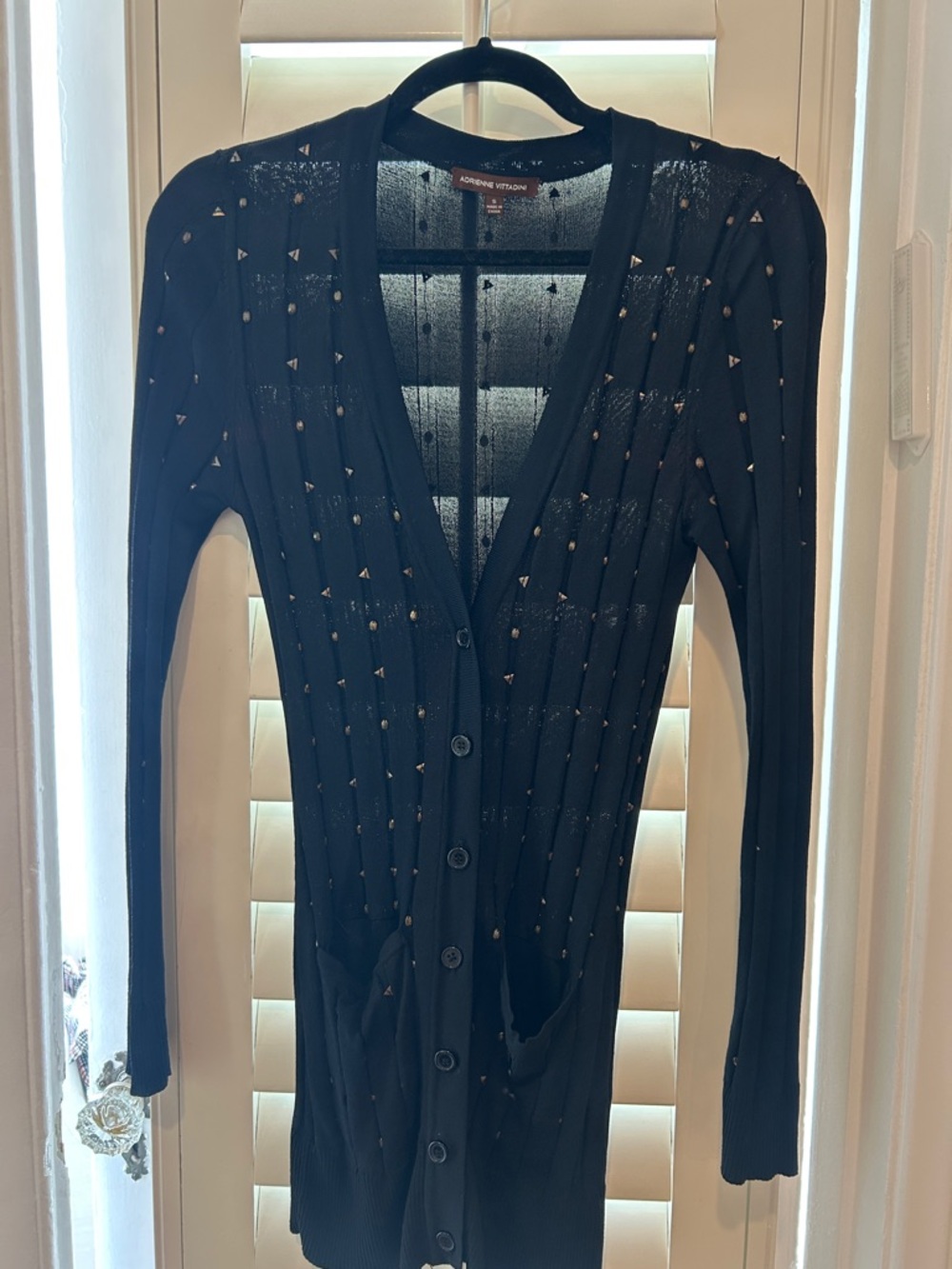 Adrienne Vittadini Black Sheer Knit Cardigan with Dot Texture